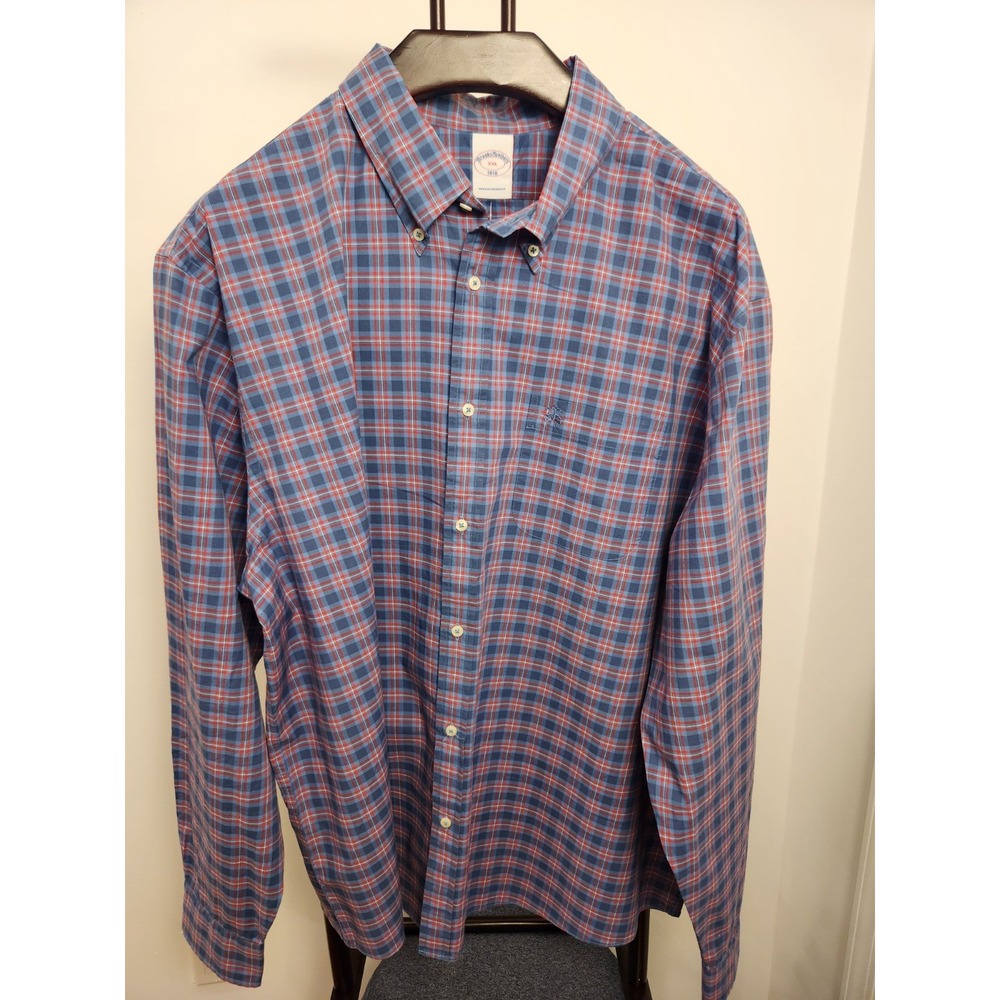 Brooks Brothers 1818 Mens XXL Blue Red Plaid Button Down Golden Fleece Logo